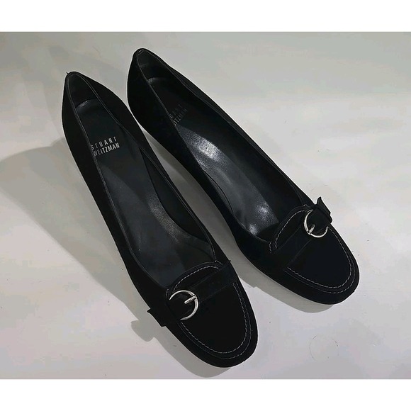 Stuart Weitzman Black Suede Pumps Heels Buckle Detail Slip‎ On 10 M RARE! - Picture 1 of 6